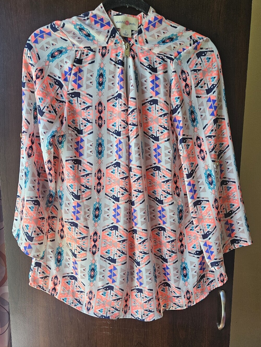 Wishful Park White Aztec-Print Zip Front Blouse with Coral & Teal Accents Size L